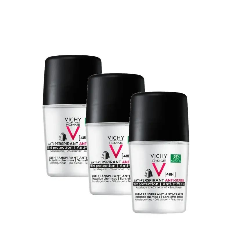 Vichy Homme Desodorante 48H Anti-Transpirante Y Anti-Manchas Roll-On 50 Ml, pack 3