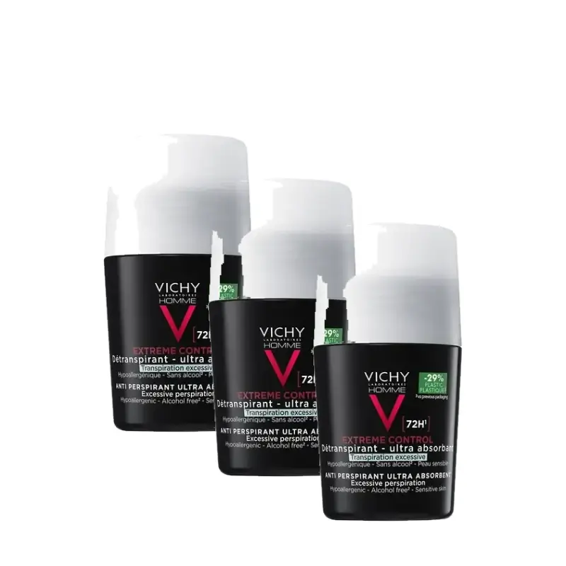 Vichy Homme Desodorante Anti-Transpirante Control Extremo 72H Roll-On 50 Ml, pack 3