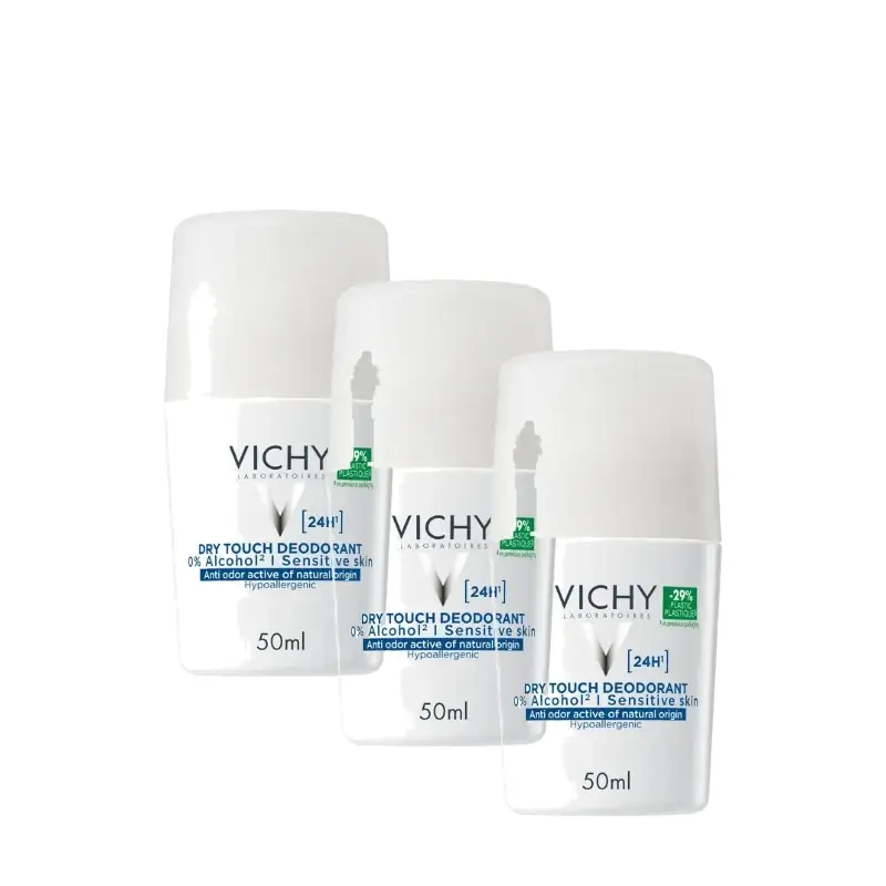 Vichy Desodorante 24H Tacto Seco Roll-On 0% Alcohol 50 Ml, pack 3