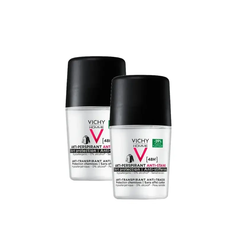 Vichy Homme Desodorante 48H Anti-Transpirante Y Anti-Manchas Roll-On 50 Ml, pack 2