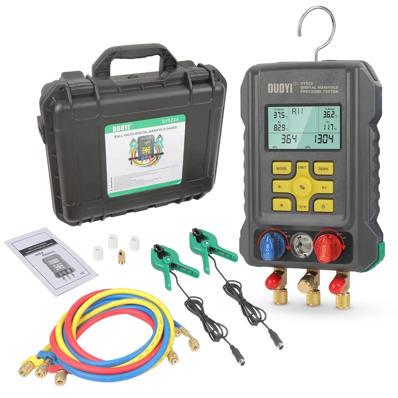 DUOYI DY522A Digital Manifold HVAC Gauge for Refrigeration HVAC Vacuum Pressure Temperature Tester with ball valve