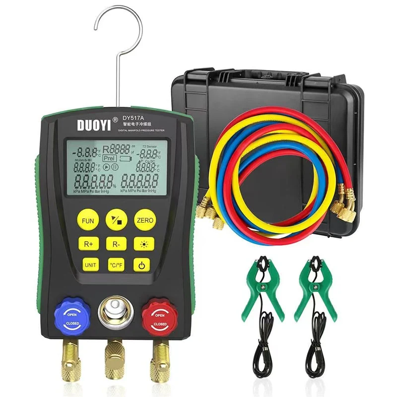 DUOYI DY517A Refrigeration Gauges Digital Manifold HVAC Gauge Set supplier. Vacuum Pressure Temperature Leakage Tester for Testing Maintaining Air-Conditioner, Refrigerator