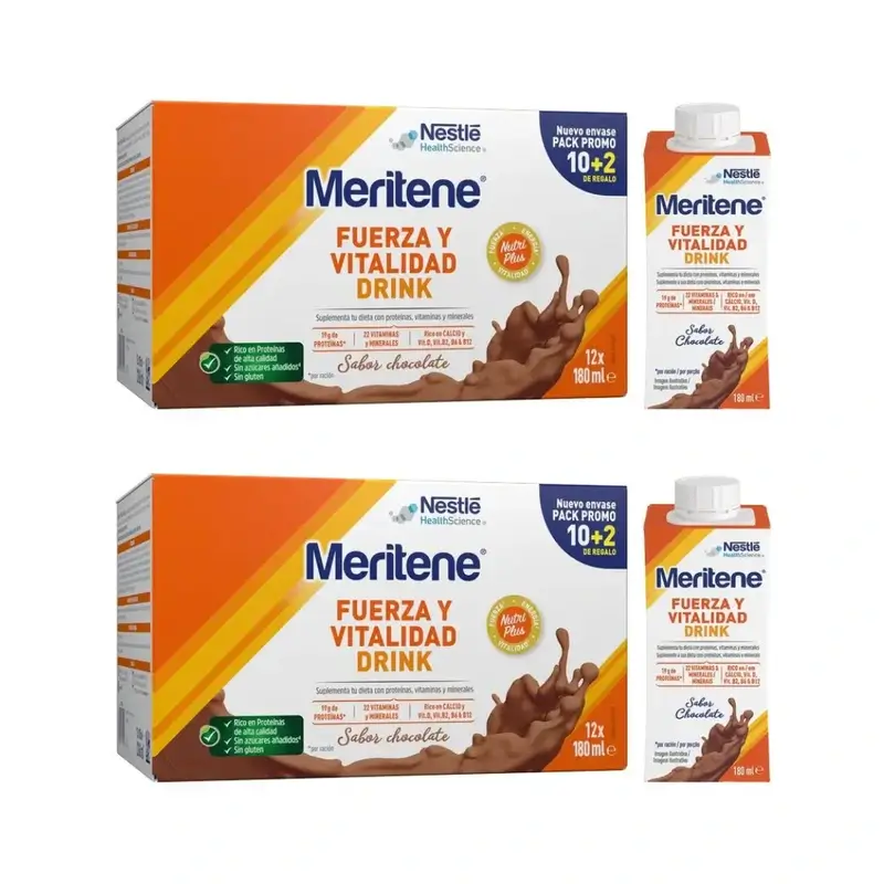 Meritene Fuerza Y Vitalidad Drink Chocolate, 10+2 x 180 Ml, Pack De 2