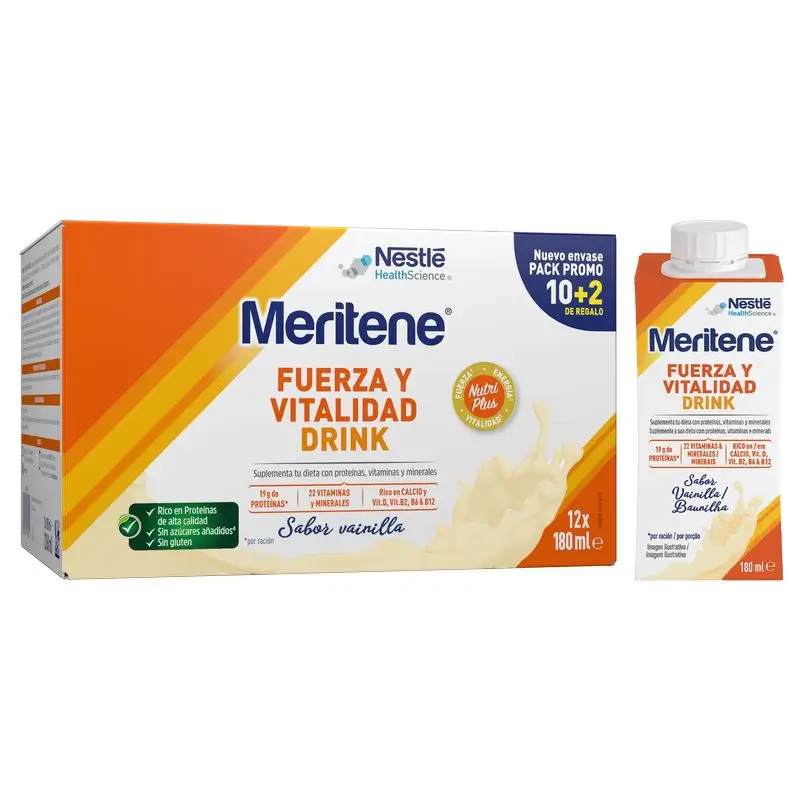 Meritene Fuerza y Vitalidad Drink Vainilla, Pack Promo 10+2 x 180 ml