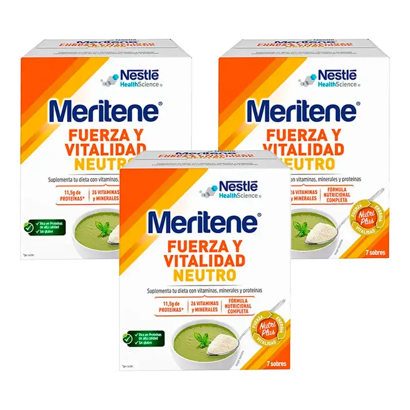 Meritene Fuerza y Vitalidad Batido Sabor Neutro, Pack 3 Cajas 7 sobres x 50 gr