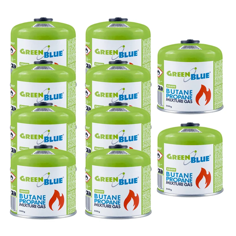 10 cartuchos de gas de 500 g GreenBlue. Certificado: Pi 0437, conforme a la norma EN 417, butano-propano, rango de temperatura de -10 °C a +40 °C, válvula roscada de 7/16'' GB499