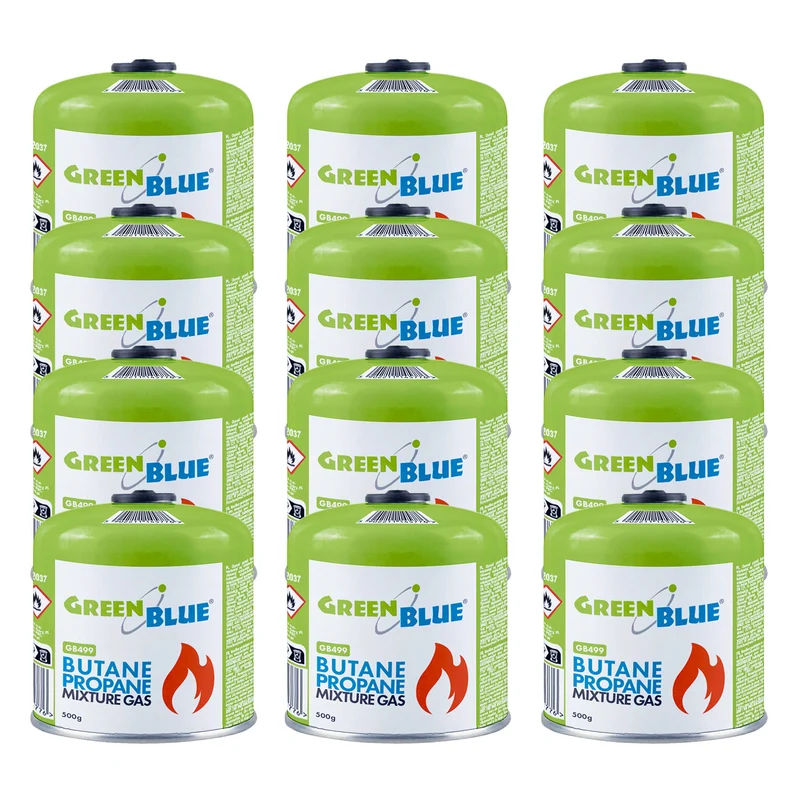 12 cartuchos de gas de 500 g GreenBlue. Certificado: Pi 0437, conforme a la norma EN 417, butano-propano, rango de temperatura de -10 °C a +40 °C, válvula roscada de 7/16'' GB499
