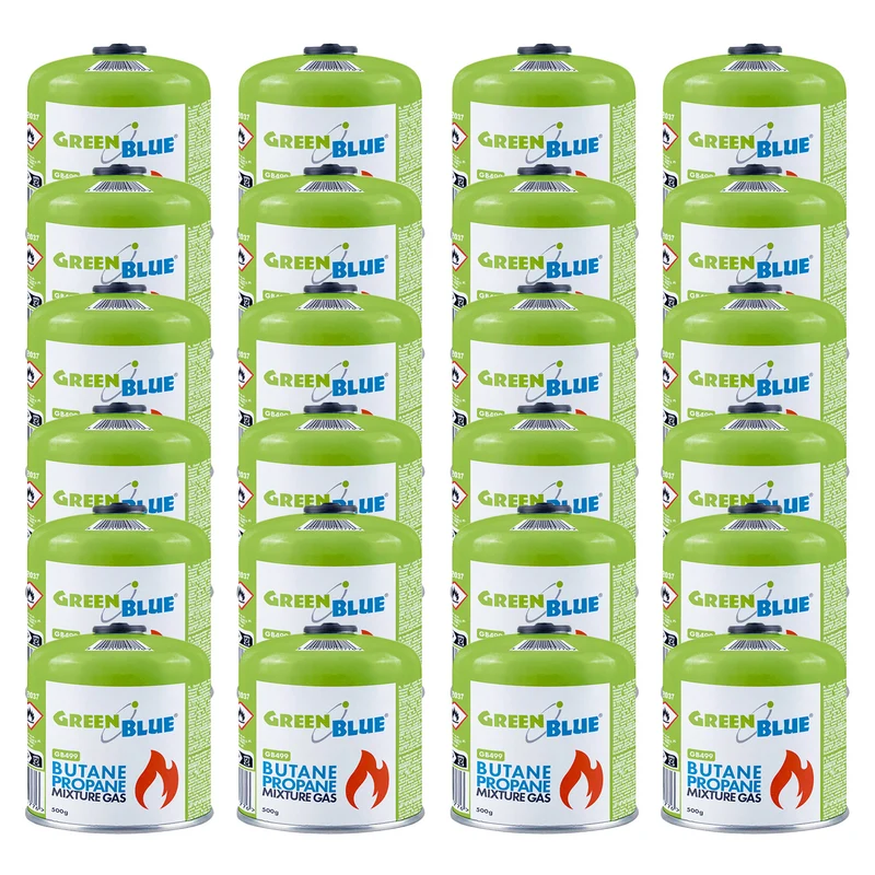 Cartucho de gas GreenBlue de 500 g, 24 unidades. Certificado: Pi 0437, conforme a la norma EN 417, butano-propano, rango de temperatura de -10 °C a +40 °C, válvula roscada de 7/16'' GB499