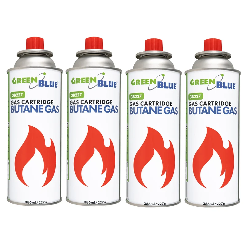 4 cartuchos de gas GreenBlue de 227 g. Certificado: Pi 0875, conforme a la norma EN 417, butano, rango de temperatura de funcionamiento: de -10 °C a +40 °C, GB227