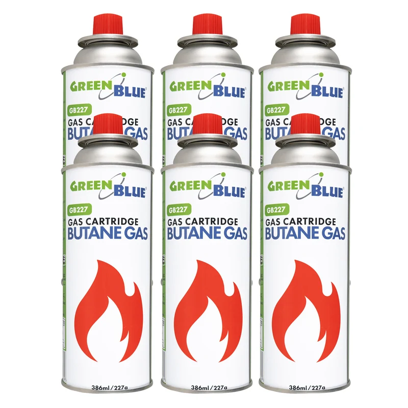 6 cartuchos de gas GreenBlue de 227 g. Certificado: Pi 0875, conforme a la norma EN 417, butano, rango de temperatura de funcionamiento: de -10 °C a +40 °C, GB227