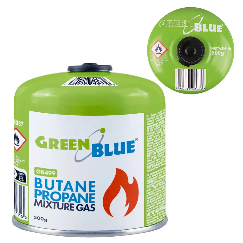 Cartucho de gas de 500 g GreenBlue. Certificado: Pi 0437, conforme a la norma EN 417, butano-propano, rango de temperatura de -10 °C a +40 °C, válvula roscada de 7/16'' GB499
