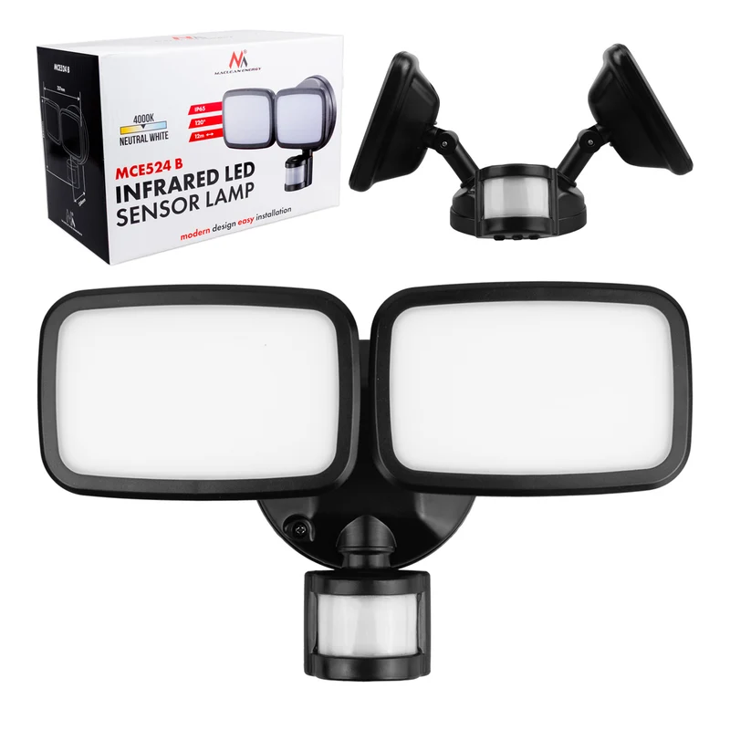 Lámpara LED de pared Maclean, con sensor PIR, 20 W, 1500 lm, IP65, blanco neutro 4000 K, negra, MCE524 B
