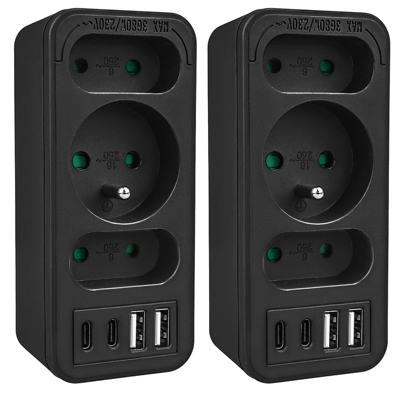 Toma de corriente x3 + 4xUSB Maclean, divisor de 3 tomas, 2xUSB A, 2xUSB C PD 20W, 1x16A + 2x6A, MCE248 F/B, 2 unidades