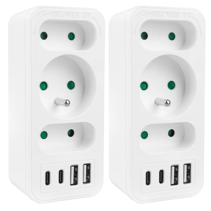 Toma de corriente x3 + 4xUSB Maclean, divisor de 3 tomas, 2xUSB A, 2xUSB C PD 20W, 1x16A + 2x6A, MCE248 F/W, 2 piezas