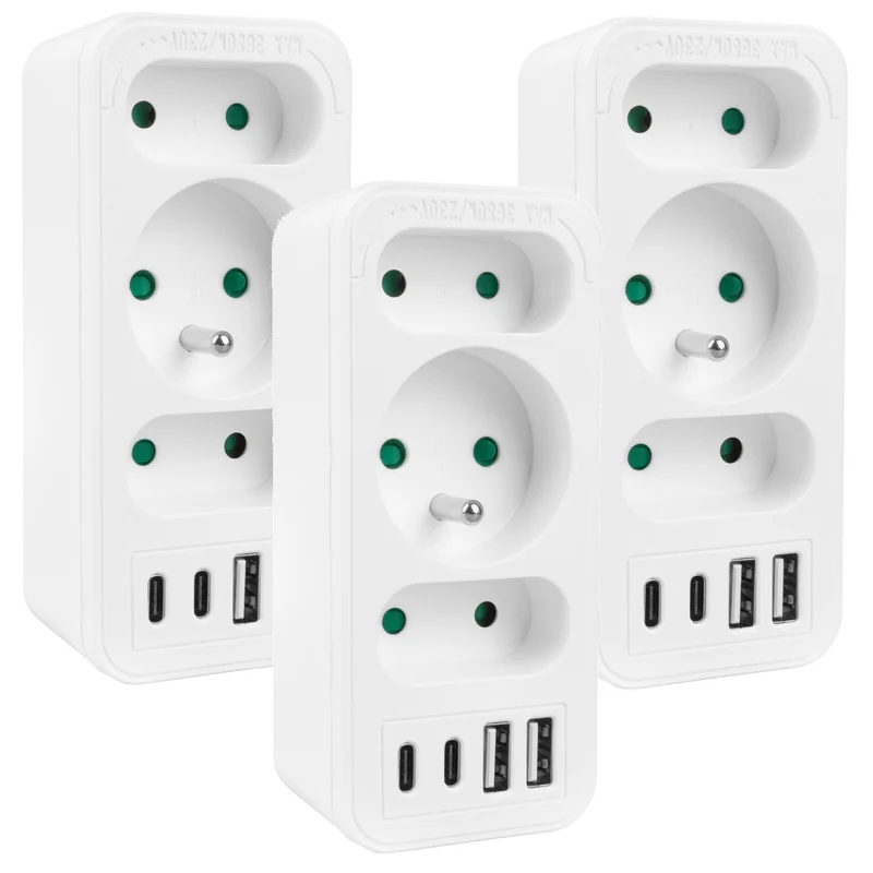 Toma de corriente x3 + 4xUSB Maclean, divisor de 3 tomas, 2xUSB A, 2xUSB C PD 20W, 1x16A + 2x6A, MCE248 F/W, 3 piezas