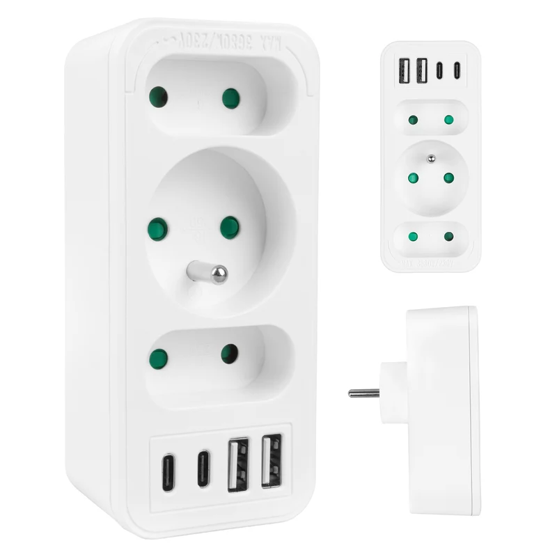 Toma de corriente x3 + 4xUSB Maclean, divisor de 3 tomas, 2xUSB A, 2xUSB C PD 20W, 1x16A + 2x6A, MCE248 F/W