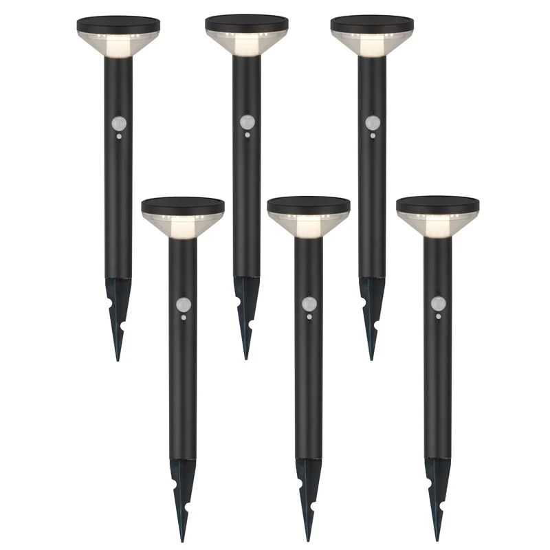 Maclean MCE465 B Solar LED Light, con sensor, 3 modos, enchufable, Li-ion 18650, IP44, 3.7V, 1200 mAh, Negro, 6 piezas