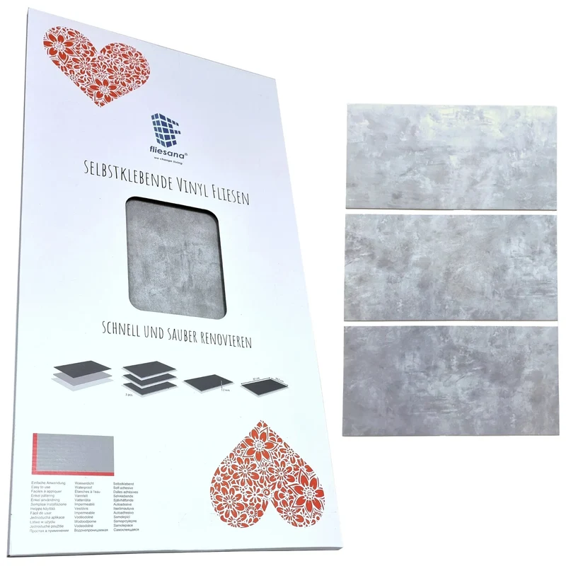 Fliesana Baldosas autoadhesivas para suelos y paredes, juego de 3, impermeables, dibujo de hormigón gris claro