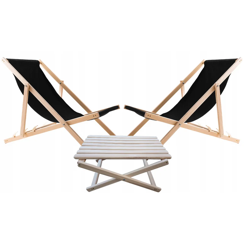 Woodok Conjunto de 2 tumbonas de playa, Color negro | Incluida mesa de centro de madera