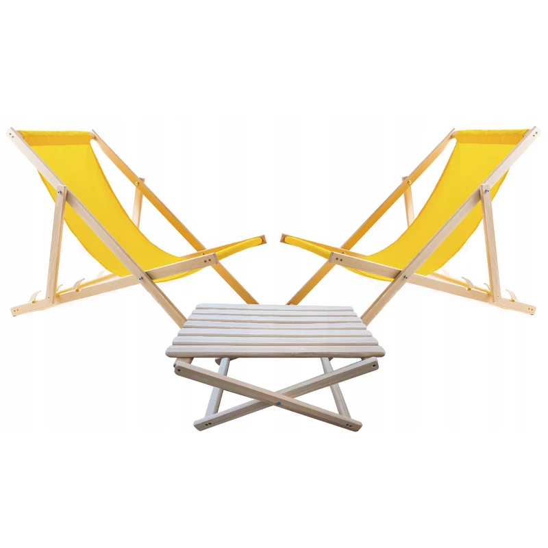 Woodok Conjunto de 2 tumbonas de playa, Color amarillo | Incluida mesa de centro de madera