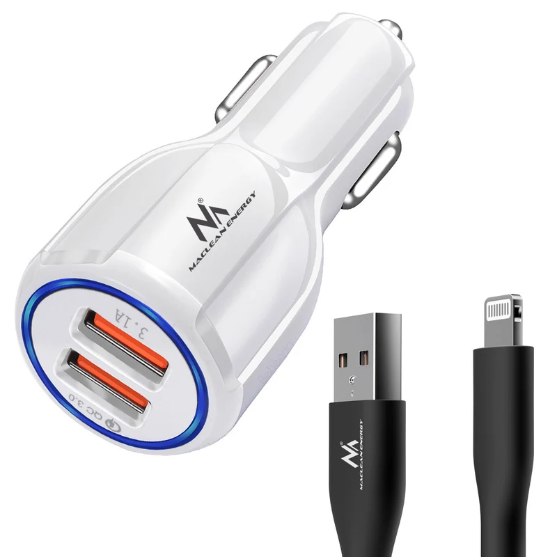 Maclean Cargador de coche, Qualcomm Quick Charge, QC 3.0 - toma 5V/3A, 9V/1.8A, 12V/1.6A, 5V/3.1A con cable USB Lightning