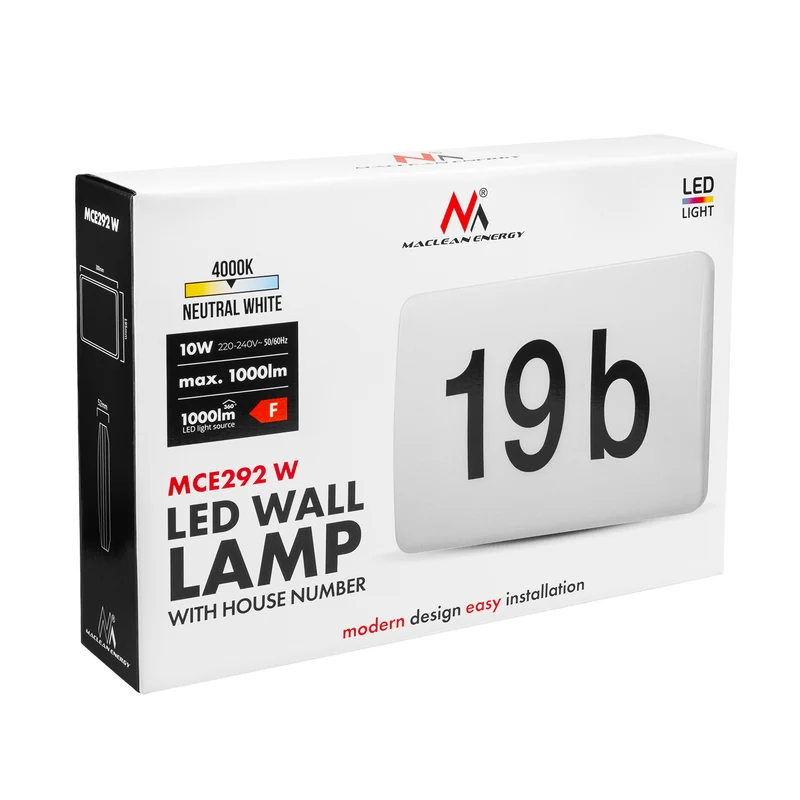 Lámpara LED Maclean, para número de casa, con sensor crepuscular, blanca, máx. 10 W, IP65, color neutro (4000 K), máx. 1000 lm, MCE292 W