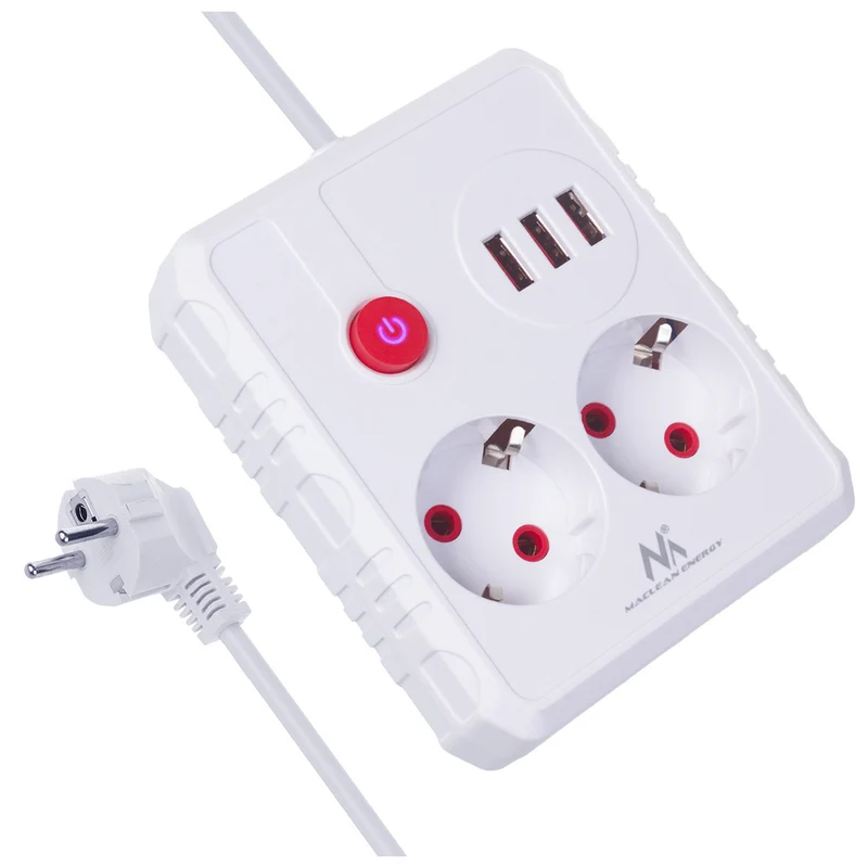 Regleta de enchufes Maclean, cable alargador 2 tomas + 3xUSB, 110-240V CA 50/60Hz, 2,1A máx. 2500W, 1,5m, blanco, MCE387 W