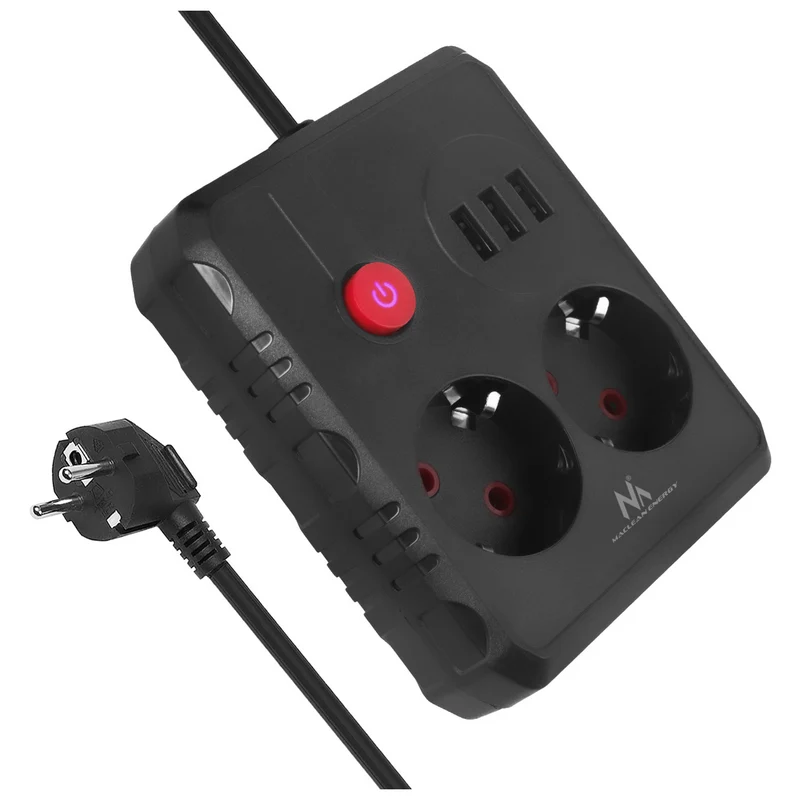 Regleta de enchufes Maclean, cable alargador de 2 tomas + 3xUSB, 110-240 V CA 50/60 Hz, 2,1 A máx. 2500 W, 1,5 m, negro, MCE387 B