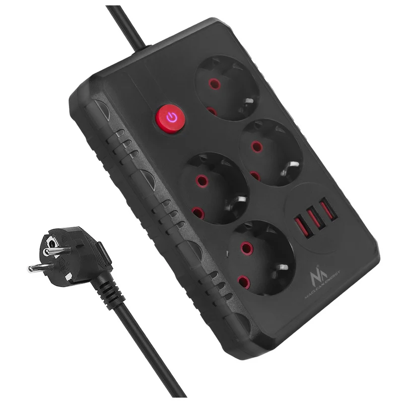Regleta de enchufes Maclean, cable alargador de 4 tomas + 3xUSB, 110-240V CA 50/60Hz, 2,1A máx. 2500W, 1,5m, negro, MCE392 B