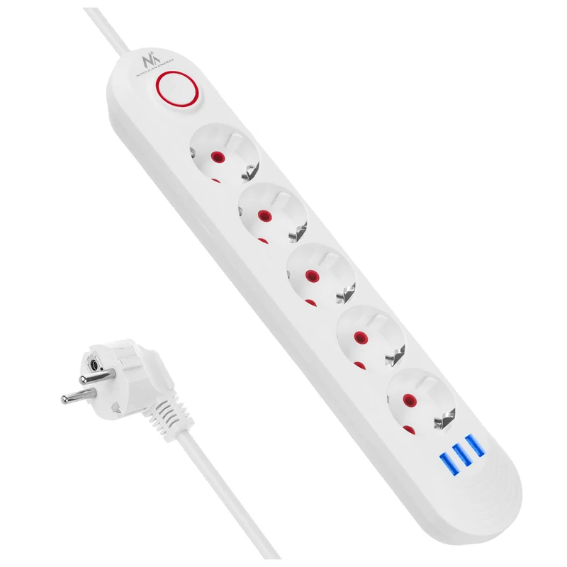 Regleta de enchufes Maclean, cable alargador de 5 tomas + 3xUSB, 110-240 V CA 50/60 Hz, 2,1 A máx. 2500 W, 1,5 m, blanco, MCE395 W
