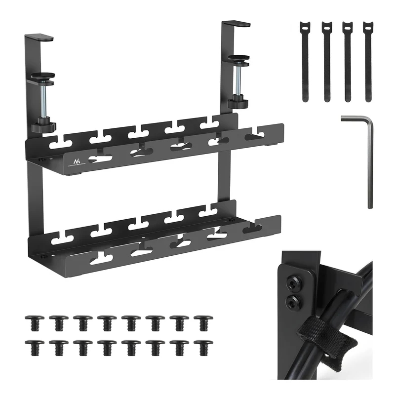Maclean MC-104 B Organizador de cables bajo escritorio, carga máx. 5 kg, 2 niveles, negro