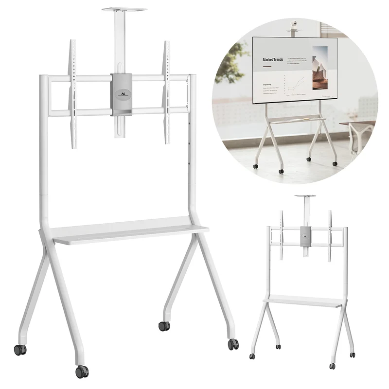Maclean MC-114 W Soporte de TV / carro, estante de cámara, sobre ruedas, 55-100", carga máx. 120kg/10kg estante, máx. VESA 900x600, blanco