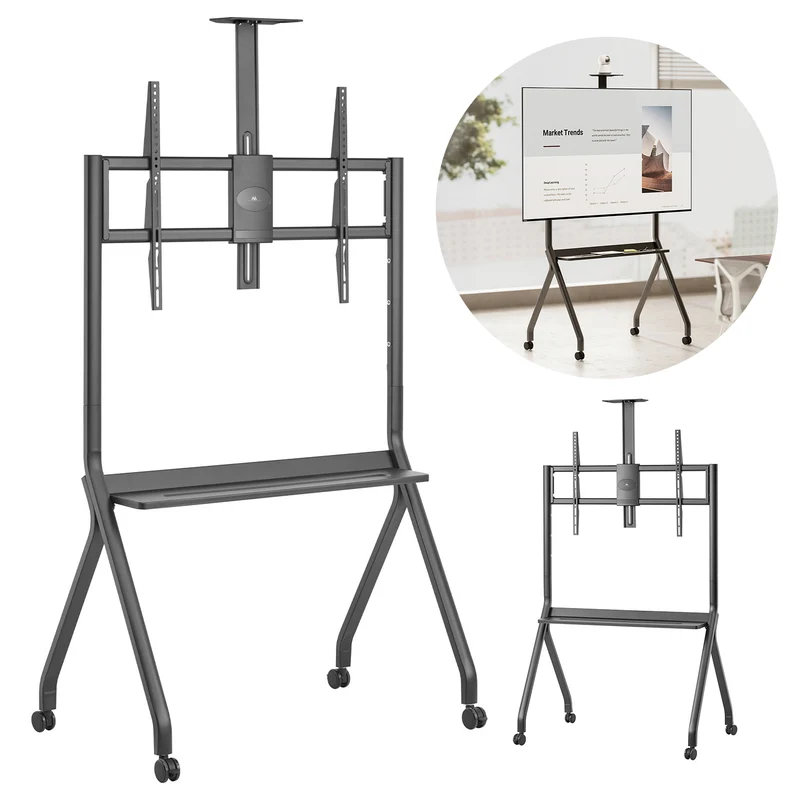 Maclean MC-114 B Soporte de TV / carro, estante de cámara, sobre ruedas, 55-100", carga máx. 120kg/10kg estante, máx. VESA 900x600, negro