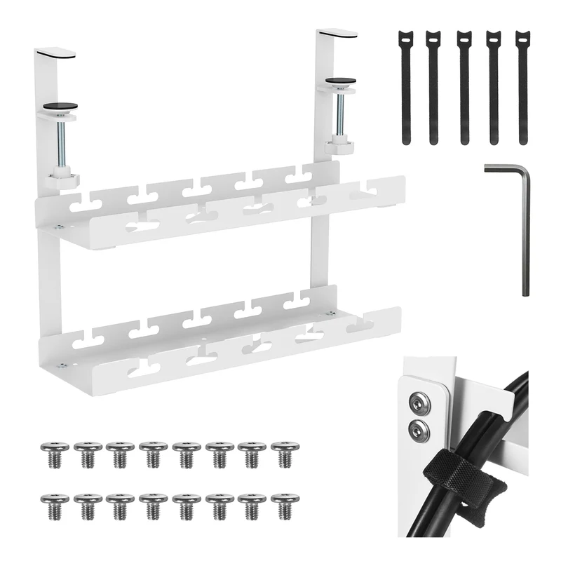 Maclean MC-104 W Organizador de cables bajo escritorio, carga máx. 5 kg, 2 niveles, blanco