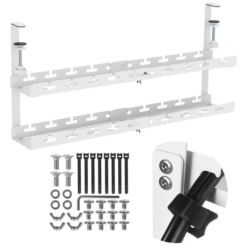 Maclean organizador de cables bajo escritorio, carga máx. 5kg, máx. 728mm, 2 niveles, blanco, MC-102 W 728mm, 2 niveles, blanco, MC-102 W