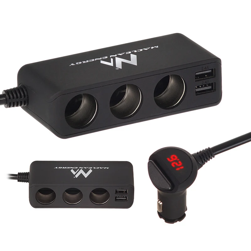 Ladrón y alargador de mechero de coche 12V, 3 tomas y 2 puertos USB Maclean Energy MCE117
