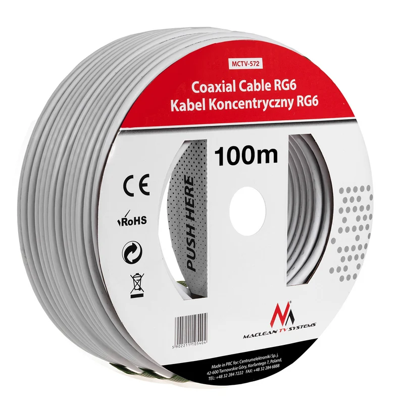 Cable coaxial 1.0 con núcleo de 1 mm de grosor CCS RG6 100m Maclean MCTV-572