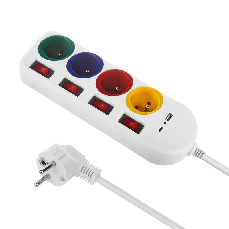 Maclean MCE508 W Regleta de 4 tomas + USB A/C, Cable alargador con interruptores, 250 V CA/10 A, 1,5 m, Color Negro