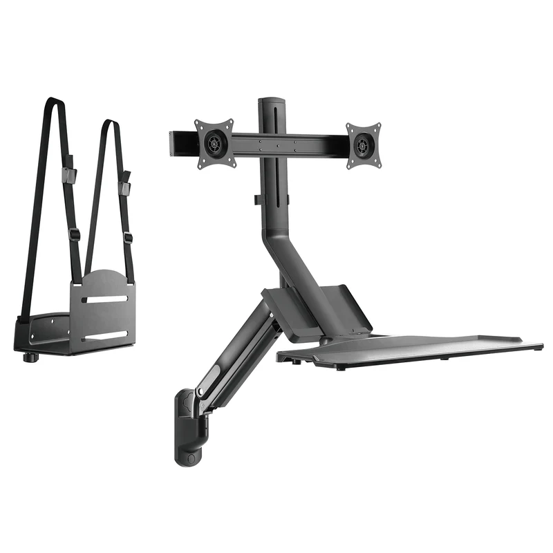 Maclean MC-633 Estación de trabajo de pie y sentado 3 en 1: soporte de pared para monitor de 2 vías con estante para teclado y soporte para computadora Soporte de pared de resorte de gas de 17-32 "pulgadas
