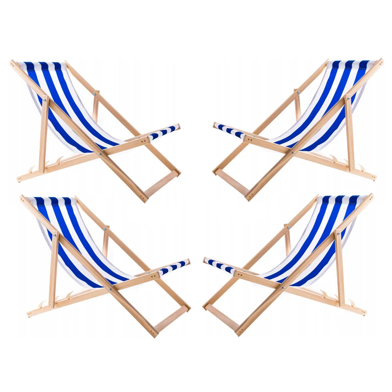 Woodok Juego de 4 Tumbonas de Madera de Haya para Playa, Jardín, Balcón y Terraza, Plegable, hasta 120 kg, Color Rayas Azules
