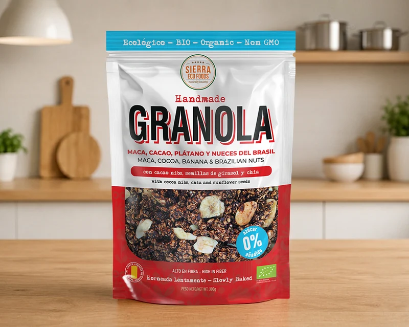 Granola de Maca, Cacao, Plátano y Nueces del Brasil · Sierra Eco Foods · 300 gramos