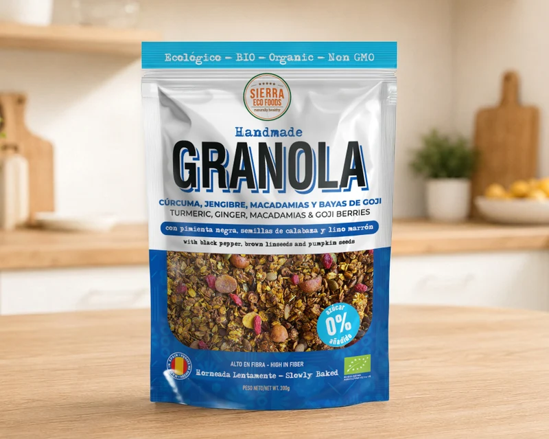 Granola de Cúrcuma, Jengibre, Macadamias y Goji · Sierra Eco Foods · 300 gramos