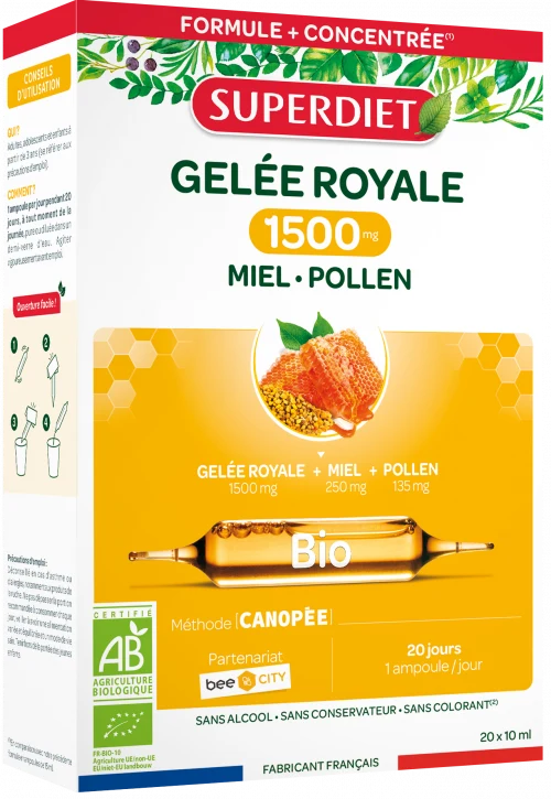 Jalea Real Miel Polen BIO · Superdiet · 20 ampollas