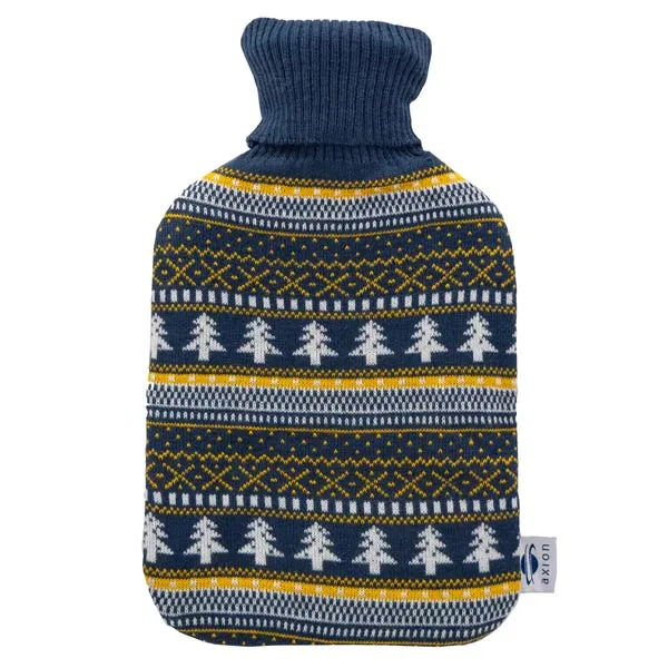 Wärmflasche mit Bezug - dunkelblauer Strick mit Kiefer-Muster - 33x20 cm