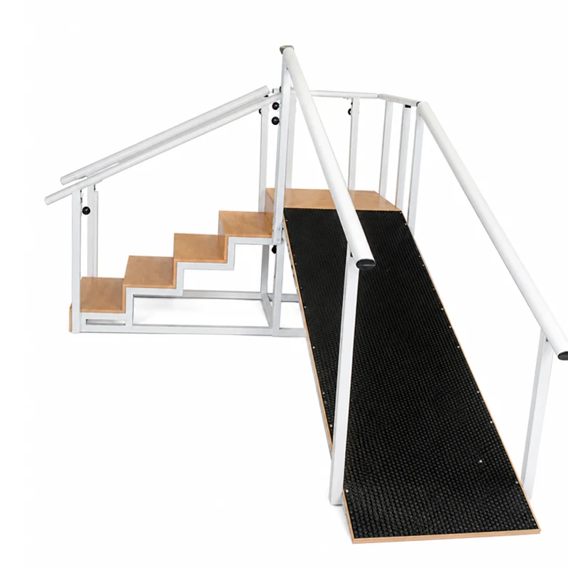 Escalera con plano inclinado, estructura de acero, 5 peldaños en madera, regulable en altura