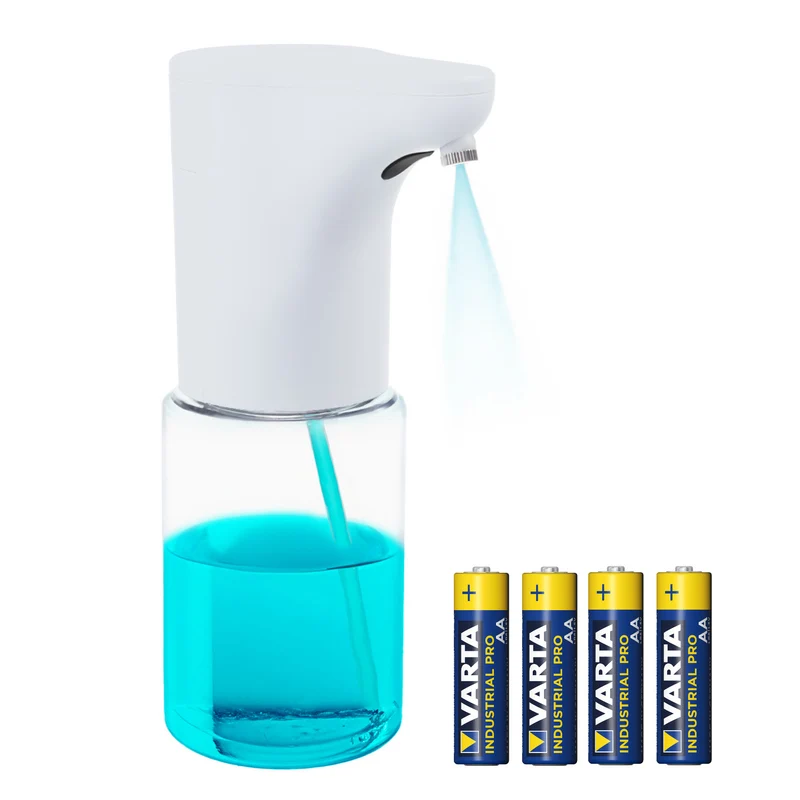 Dispensador automático Promedix, recipiente dispensador para jabones líquidos, líquidos desinfectantes, 300 ml, blanco, PR-540 W + 4 pilas Varta Industrial AA