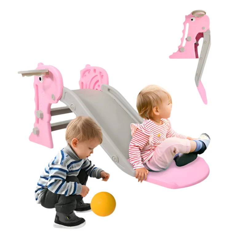Tobogán infantil | Plegable | Cesta y pelota | Bordes redondos | Peldaños antideslizantes | Máx.35 kg | Rosa | Dino| Mobiclinic