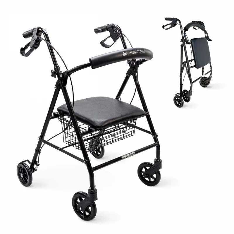 Andador | Plegable | Aluminio | Frenos en manetas | Asiento y respaldo | 4 ruedas | Negro Mate | Escorial | Mobiclinic