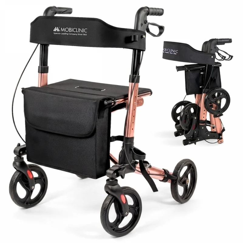 Andador plegable | Aluminio | Hasta 136 Kg | Frenos en manetas | Asiento y respaldo | Oro Rosa | Trajano | Deluxe | Mobiclinic