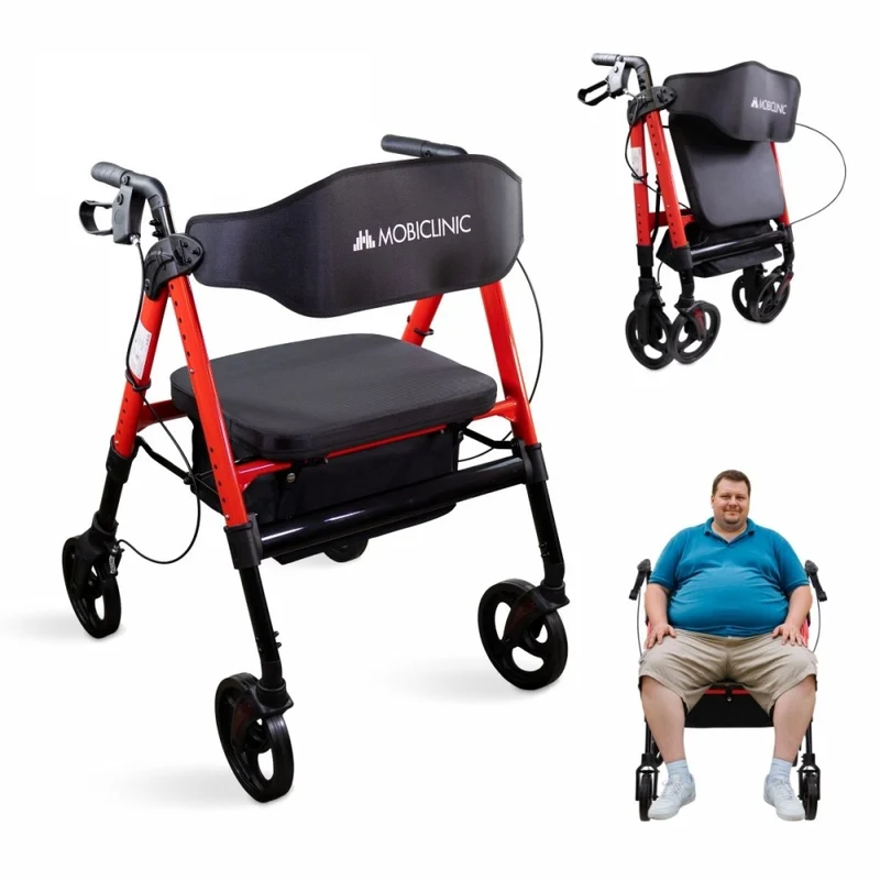 Andador bariátrico | Plegable | Hasta 204 kg | Aluminio reforzado | Frenos | Ruedas 360º | Cesta | Madeira | Mobiclinic